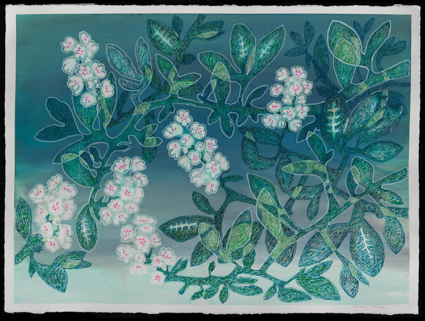 A painting of flowers and leaves on a blue background