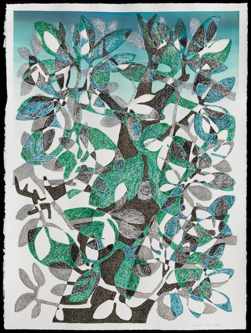 A painting of leaves and branches in shades of green.