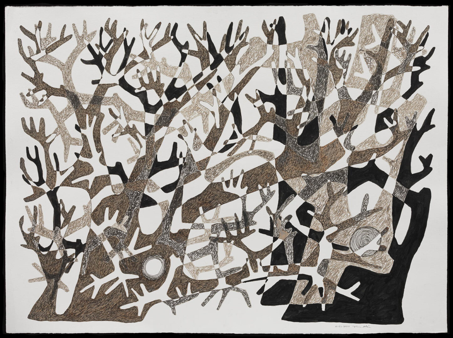 A painting of trees with branches and leaves.