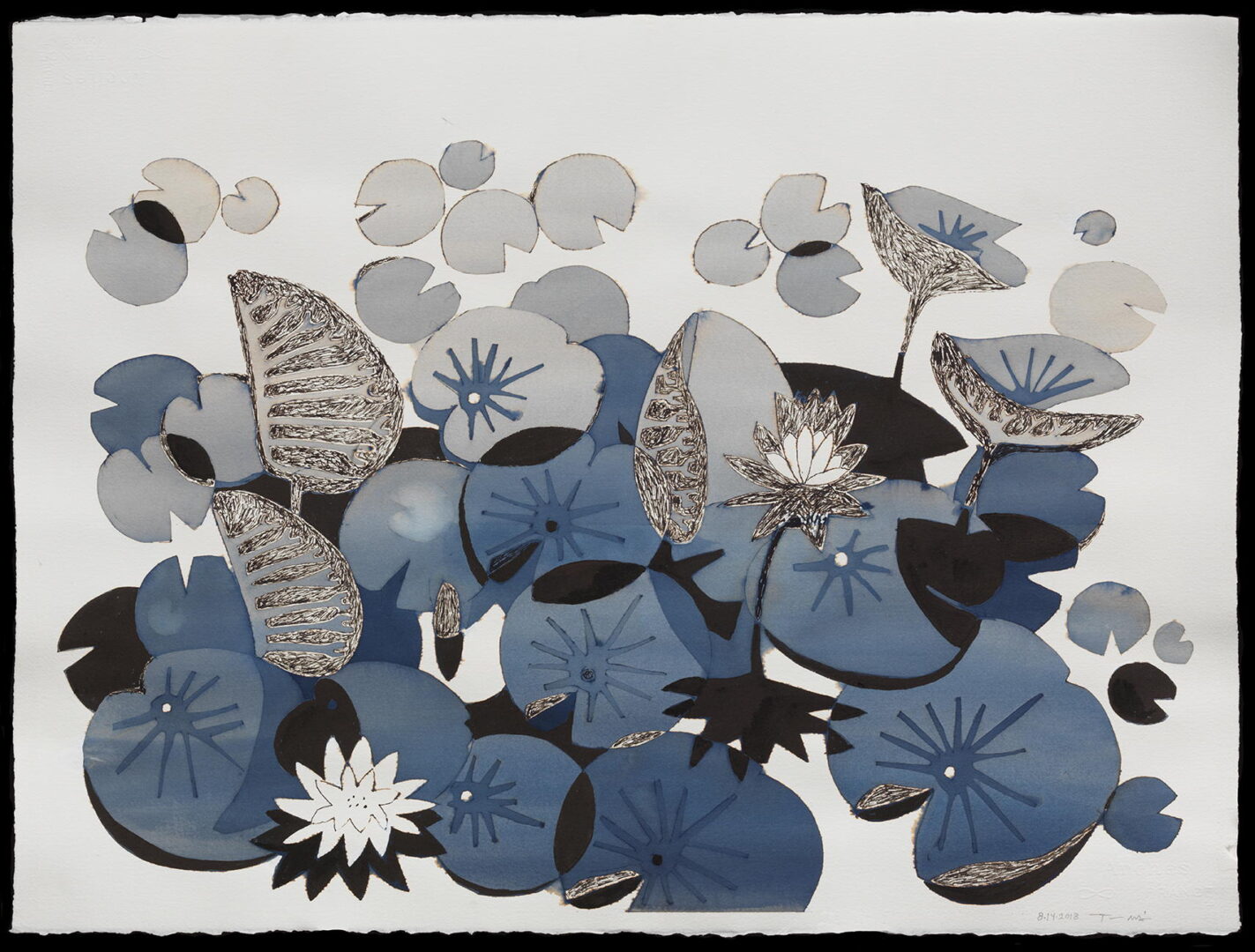 A painting of water lilies and leaves on paper.