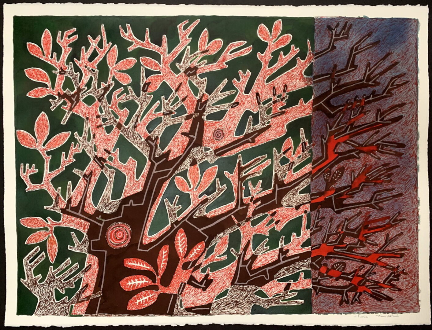 A painting of trees with leaves and branches.