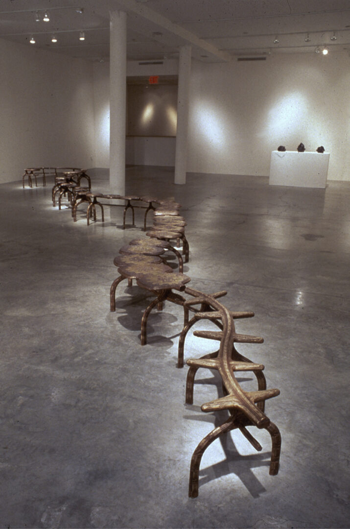 A long line of wooden benches in a room.