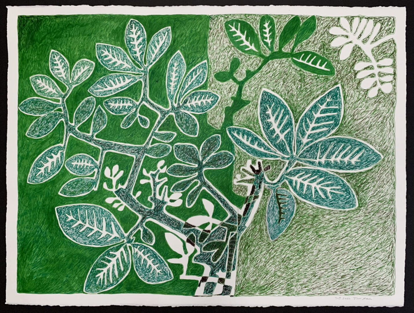 A green and white painting of leaves