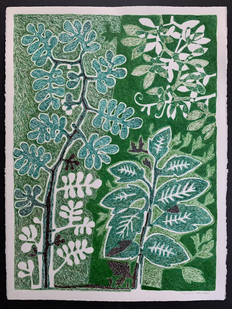 A green and white painting of leaves