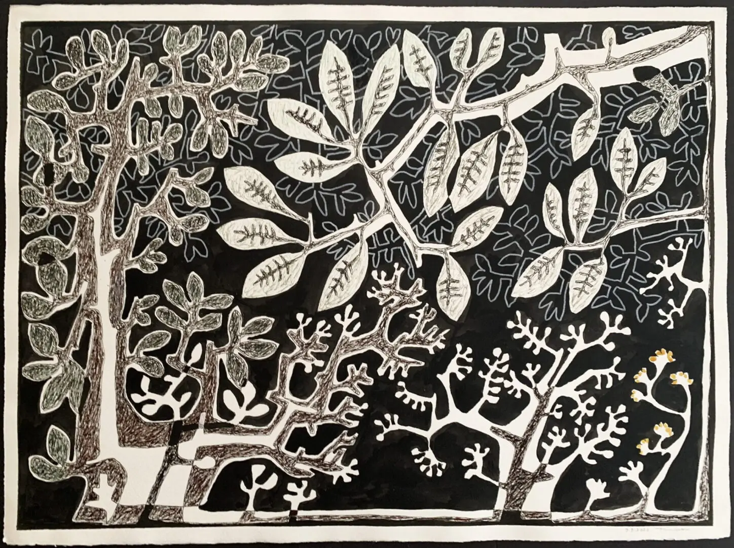 A black and white painting of trees with leaves.