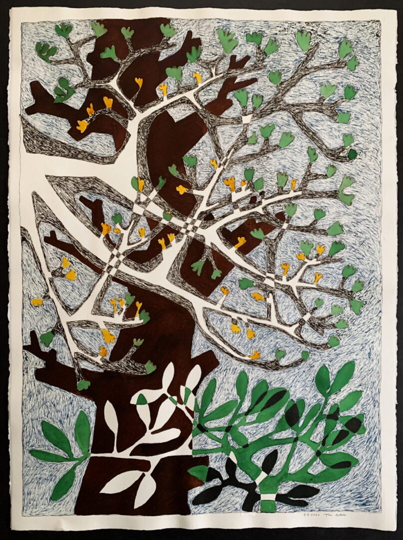 A painting of a tree with leaves on it.