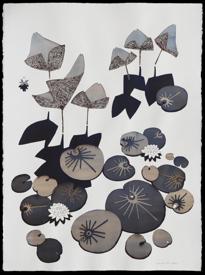 A painting of flowers and leaves in black, white and gray.