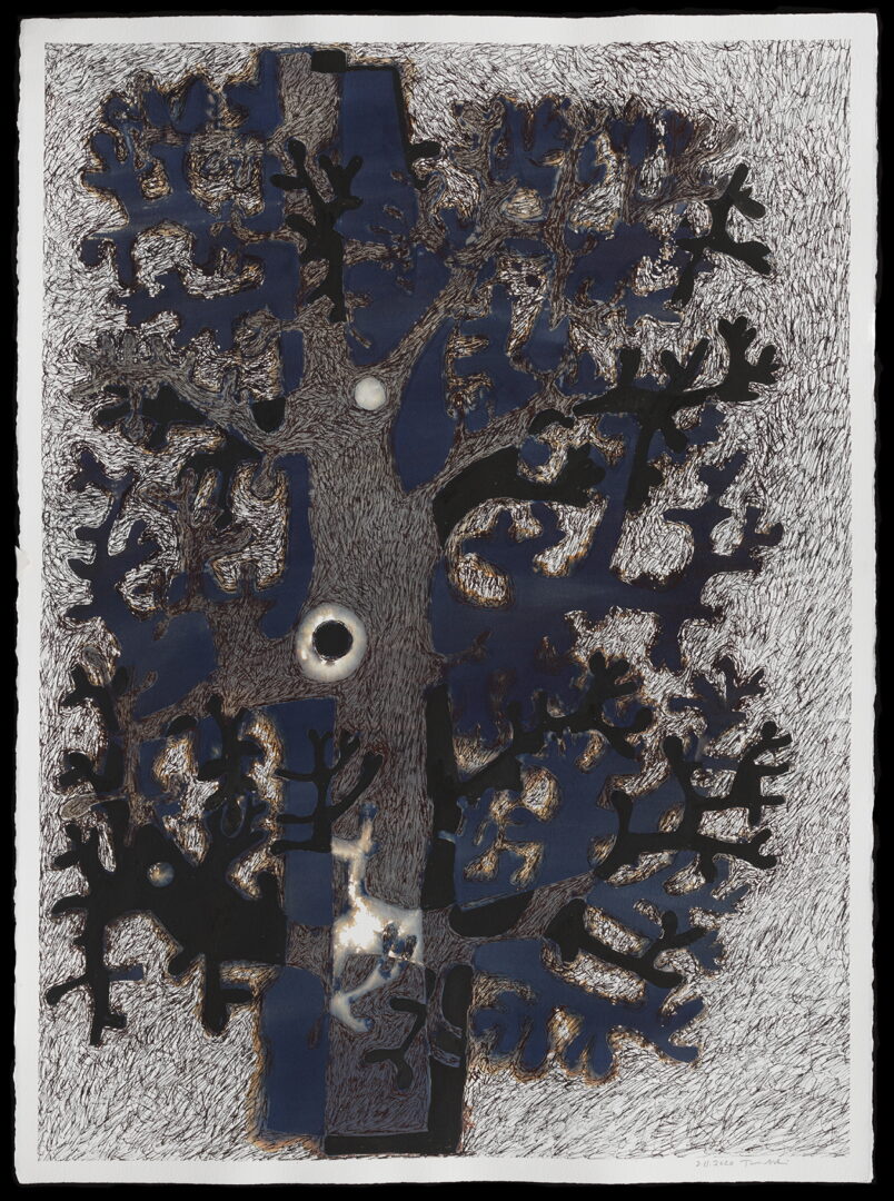 A painting of a tree with black and blue leaves.