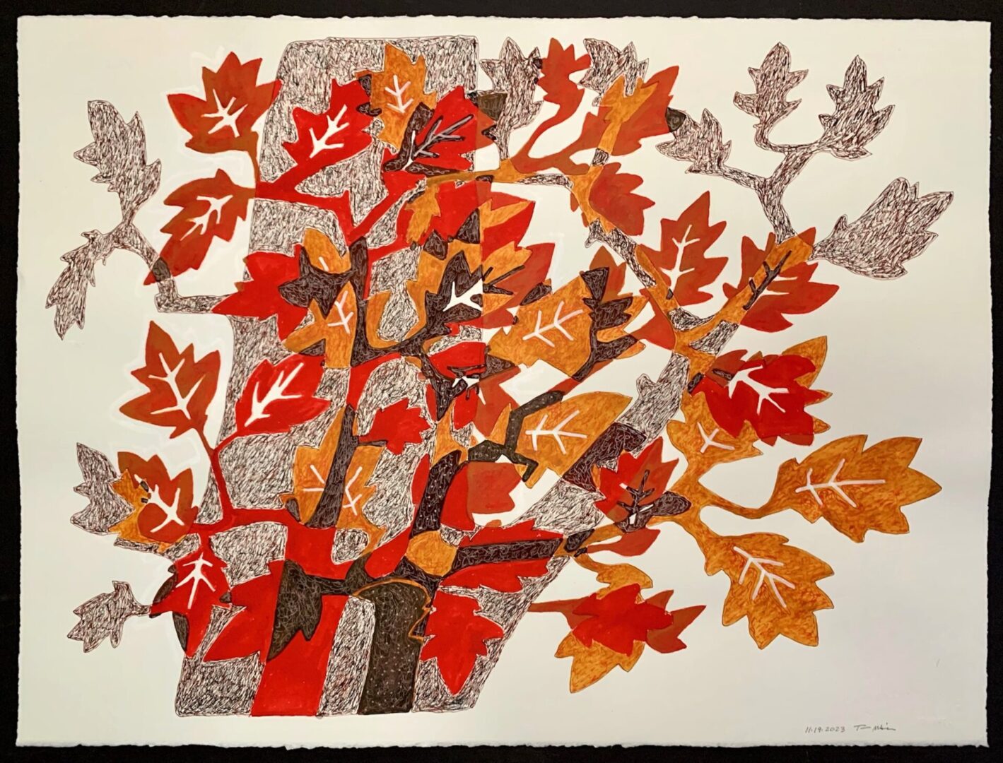 A painting of leaves on the ground and trees