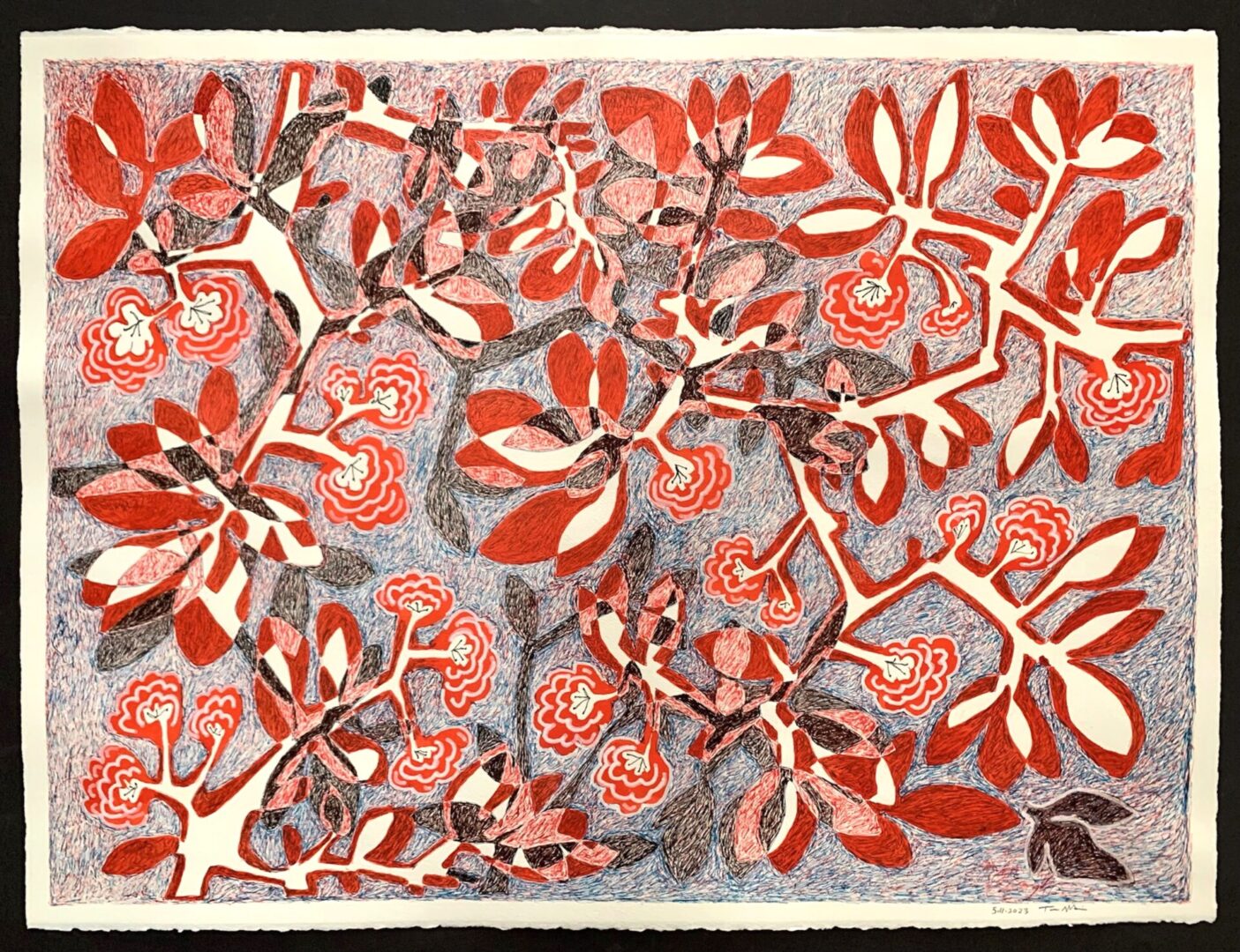A painting of red and white leaves on a gray background.