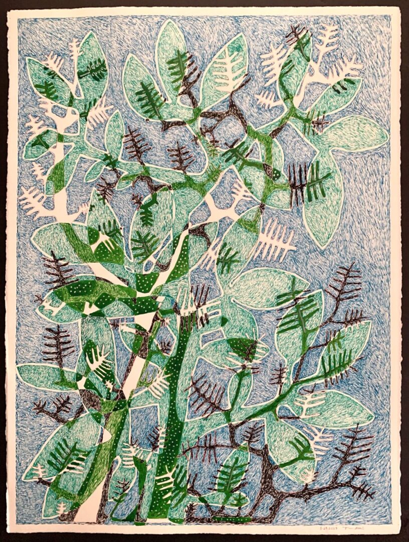 A painting of green leaves and branches on paper.