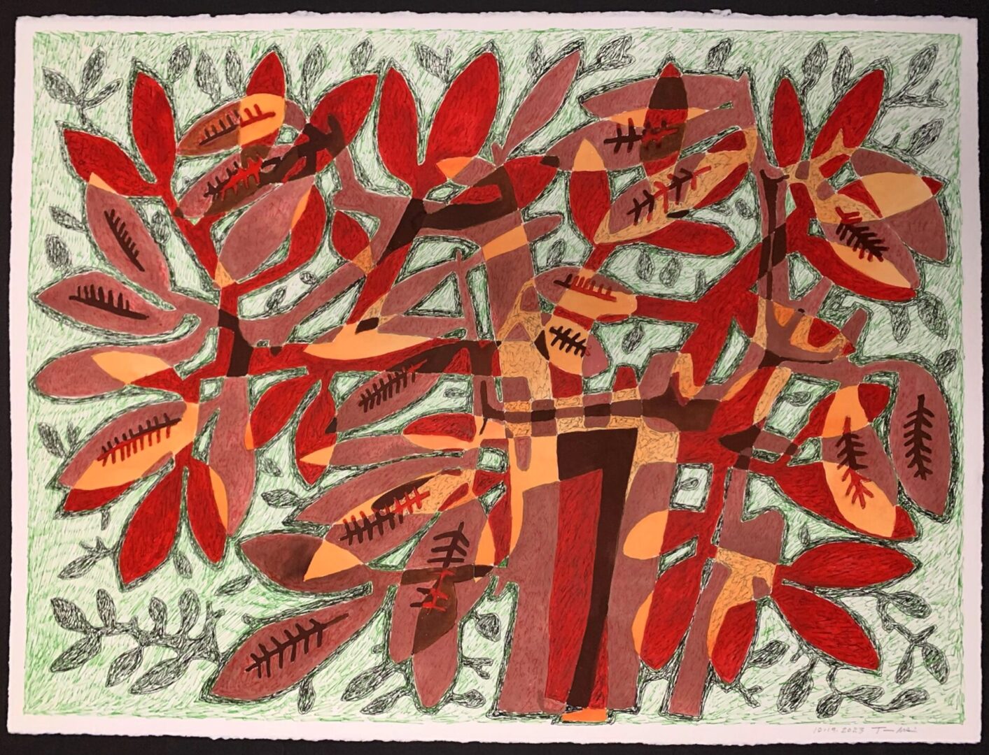 A painting of leaves and a vase on the ground.