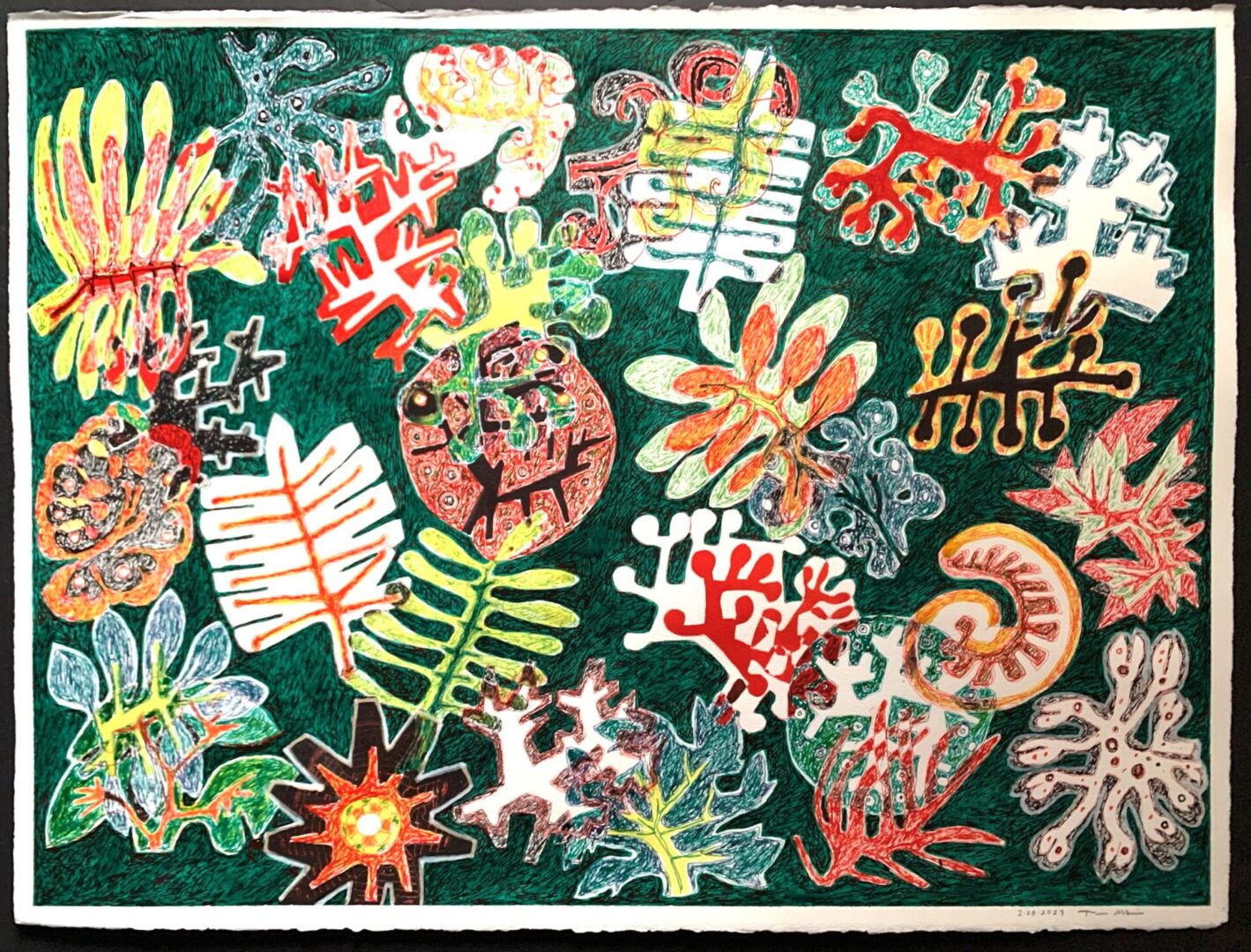 A painting of various plants and leaves on a green background.