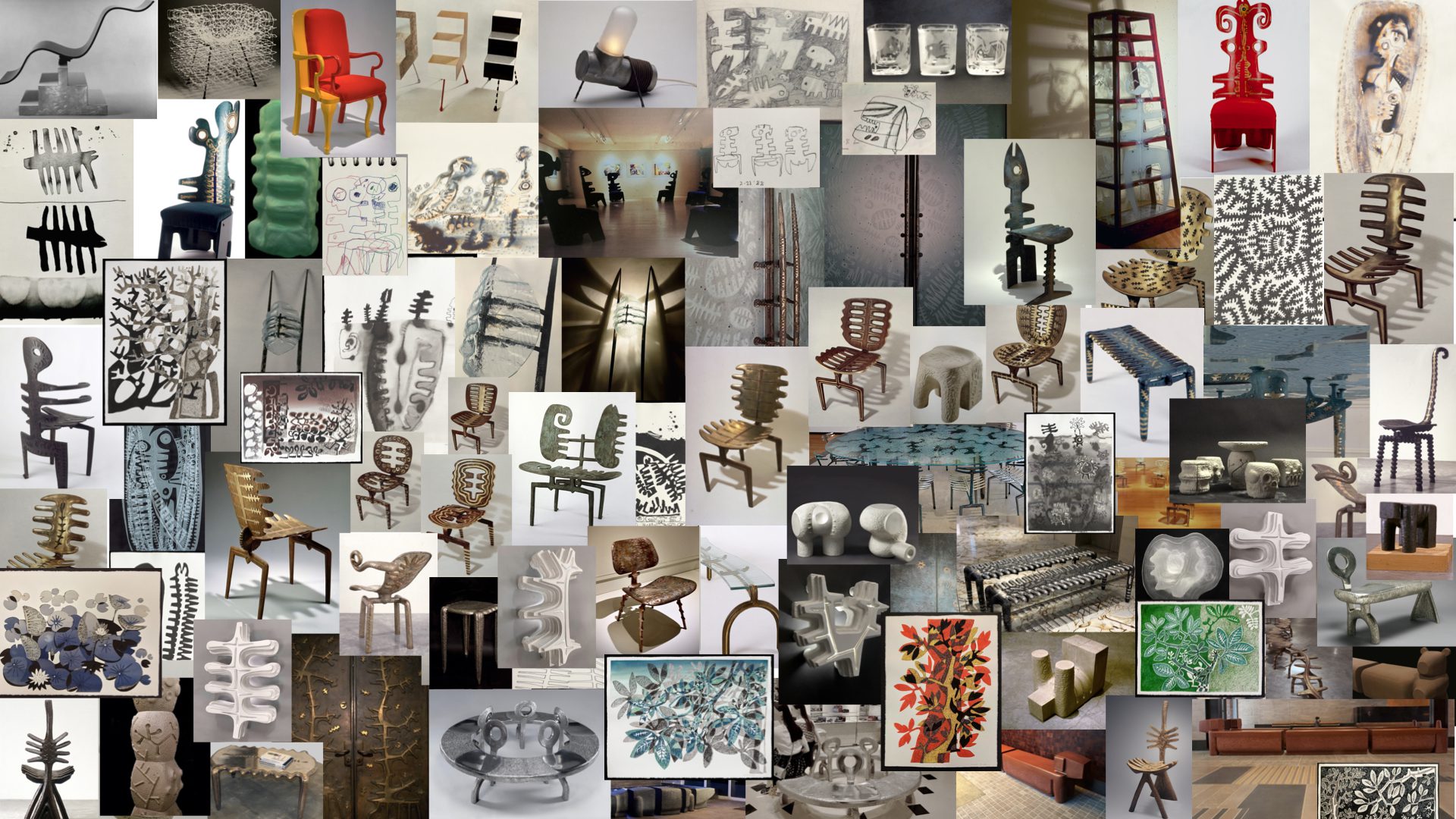 A collage of different types of chairs and tables.